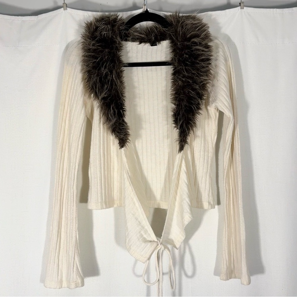Vintage NikiBiki Cream Cardigan with Brown Faux Fur Collar
